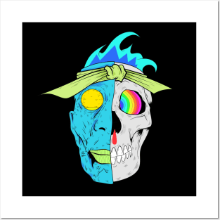 Dope half face and half skull face illustration Posters and Art